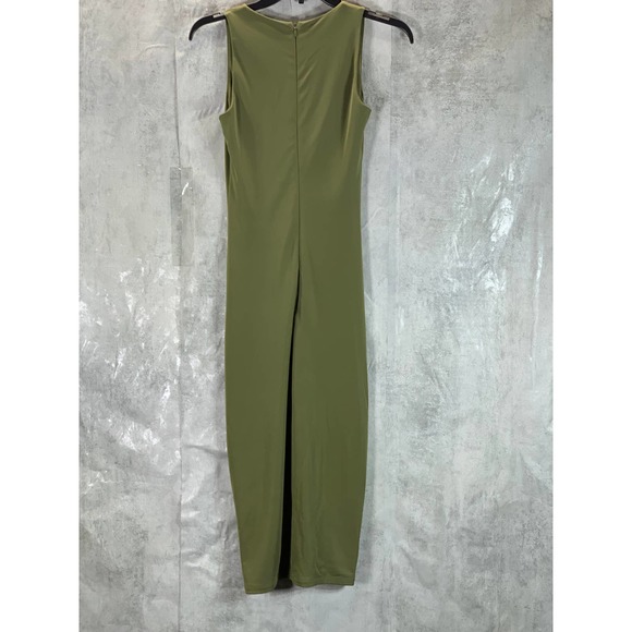 INC Women's Burnt Olive V-Neck Ruched Sleeveless Bodycon Midi Dress SZ XS - Picture 3 of 10